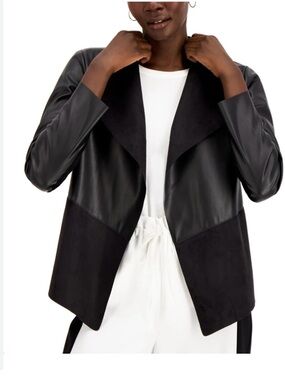 Alfani Women's Black Open-Front Faux Leather & Suede Jacket 2X